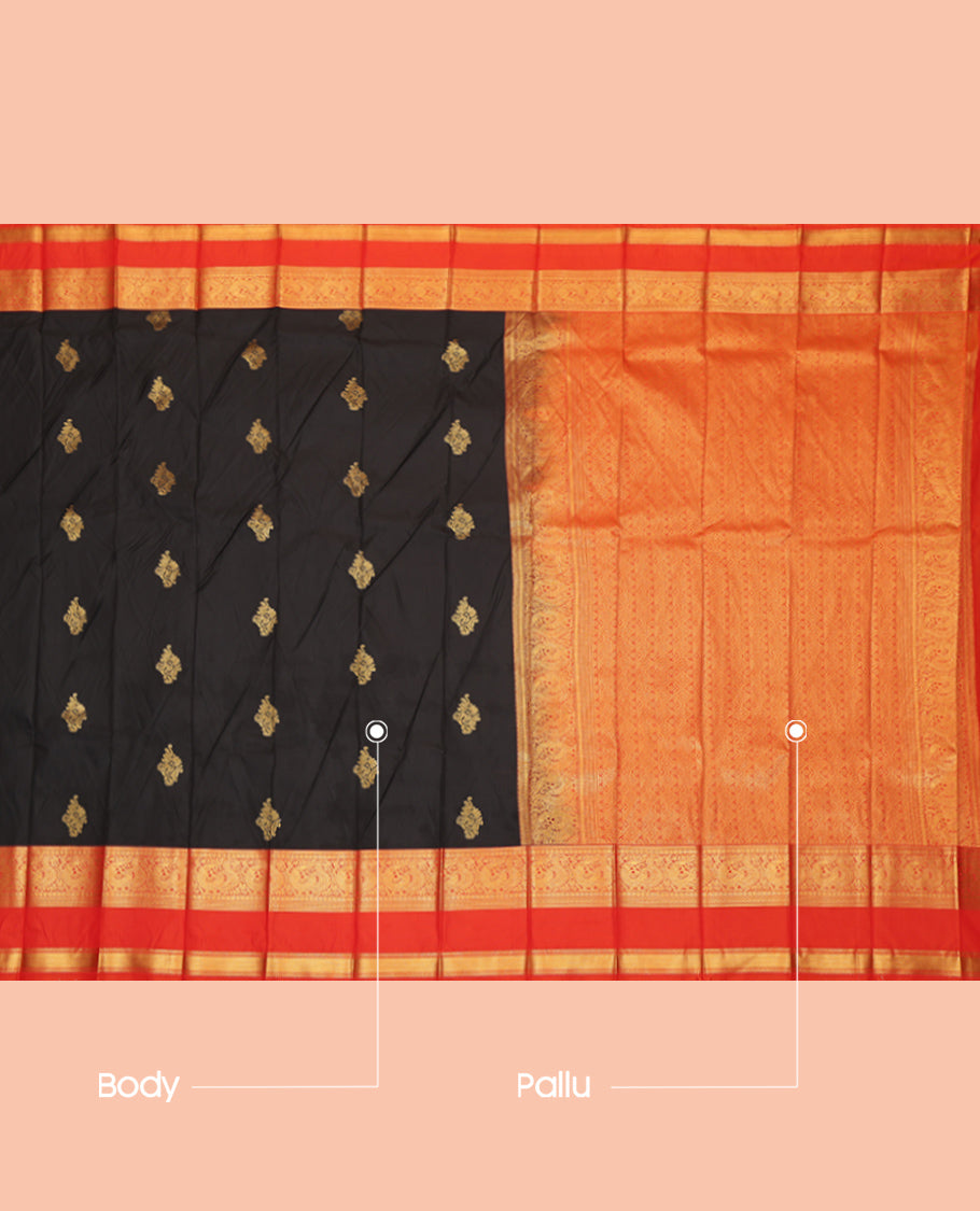 Black Budget Silk Saree, Decorated with Zari Buttas, Complemented by Contrast Traditional Rettai Pettu Border, a Jaal Pallu and a Contrast Blouse