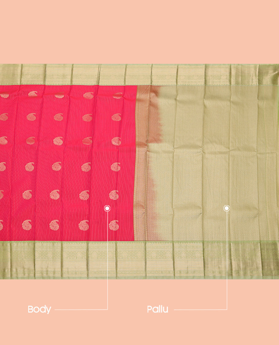 Pink Budget Silk Saree, Ornamented with Zari Buttas, Complemented by a Contrast Traditional Zari Border, Grand Pallu, and a Contrast Blouse