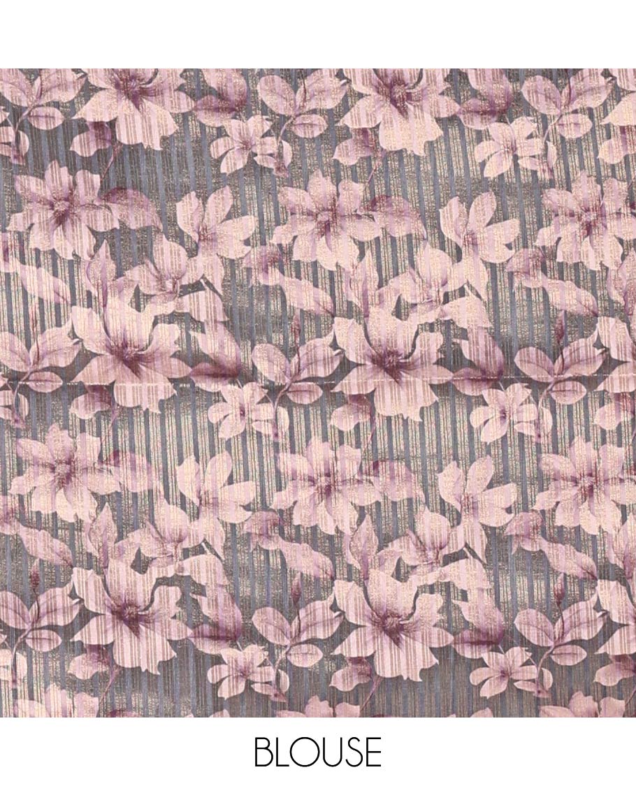 Onion pink zari dobby-style buttas semi-tusser saree, floral printed scallop border & pallu, blouse of zari & floral print