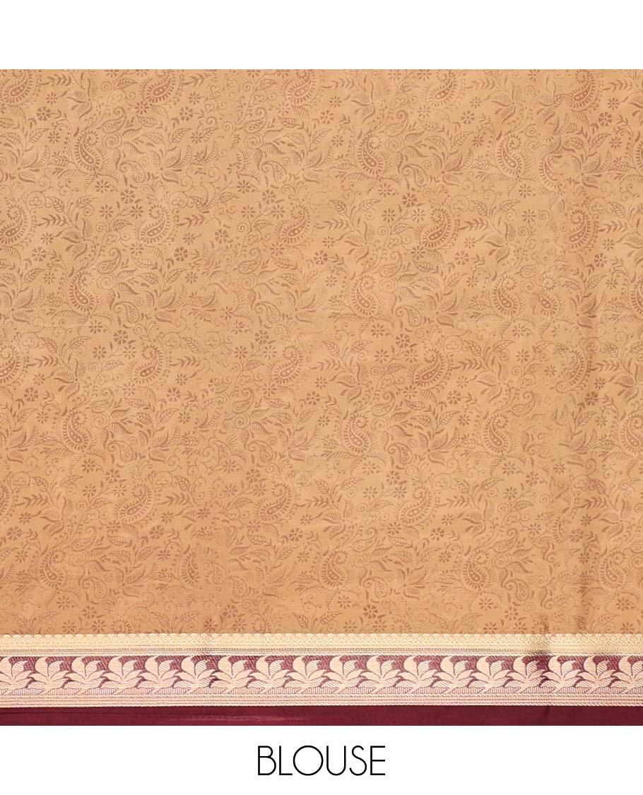 Pale brown intricately printed semi-banaras printed saree, contrast floral border & intricate pallu
