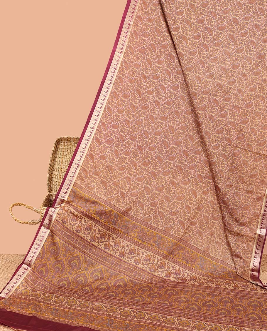 Pale brown intricately printed semi-banaras printed saree, contrast floral border & intricate pallu
