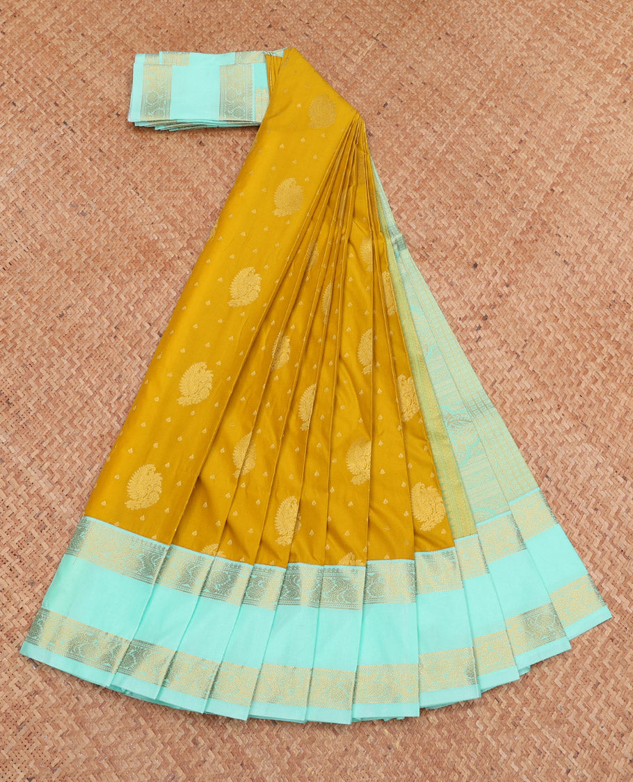 Yellow Budget Silk Saree, Subtly Sparkled with Zari Buttas, Complemented by a Contrast Traditional Zari Rettai Pettu Border, Grand Pallu, and a Contrast Blouse