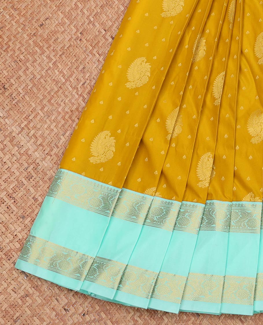 Yellow Budget Silk Saree, Subtly Sparkled with Zari Buttas, Complemented by a Contrast Traditional Zari Rettai Pettu Border, Grand Pallu, and a Contrast Blouse