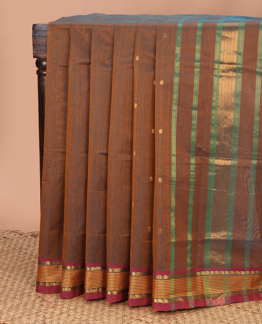 Brown zari buttas Venkatagiri cotton saree, contrast traditional zari border, and striped pallu