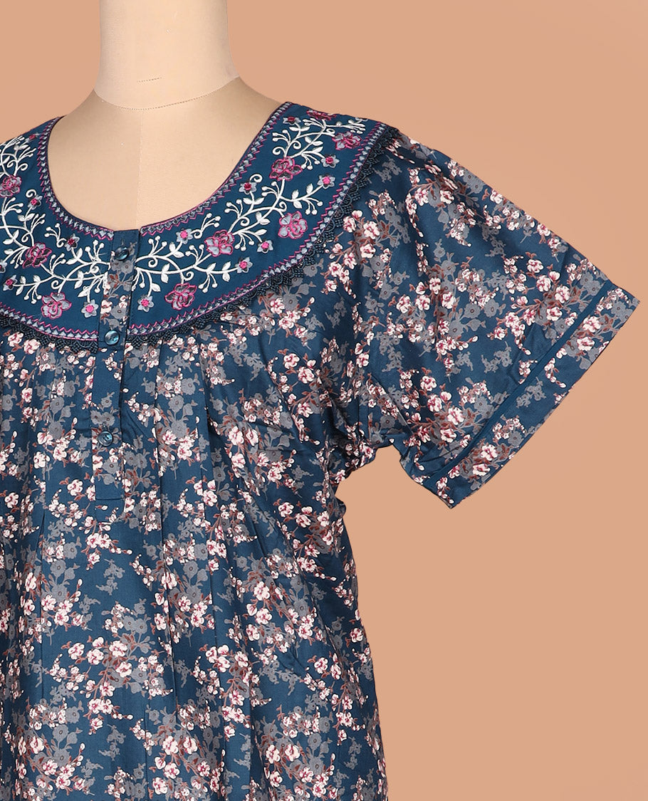 Blue floral printed round necked floral embroidered half-sleeve cotton nighty