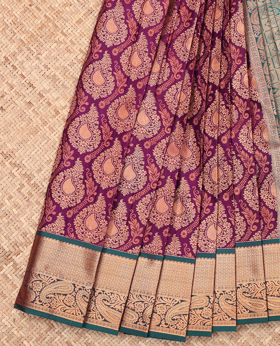 Purple Budget Silk Saree, Woven with Jacquard Design, Complemented by a Contrast Paisley Zari Border, Grand Pallu, and Contrast Blouse