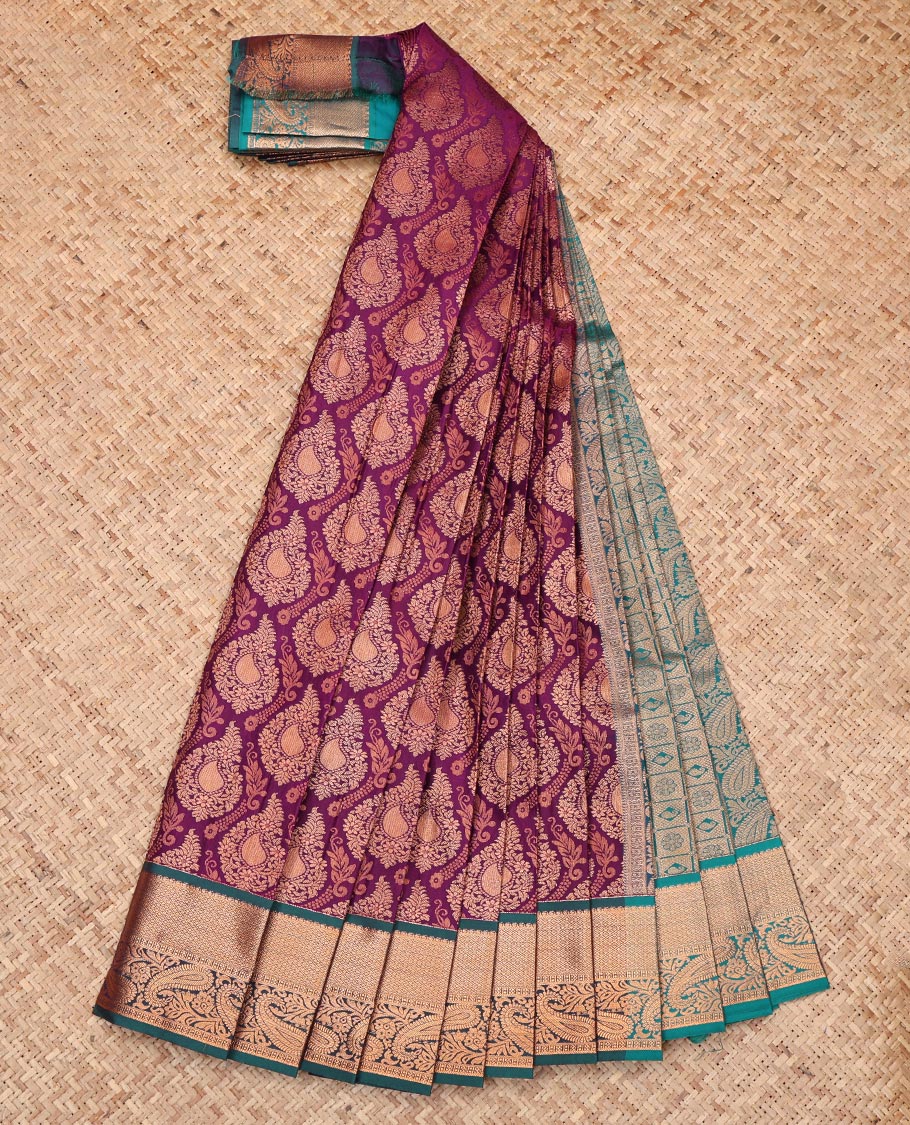 Purple Budget Silk Saree, Woven with Jacquard Design, Complemented by a Contrast Paisley Zari Border, Grand Pallu, and Contrast Blouse