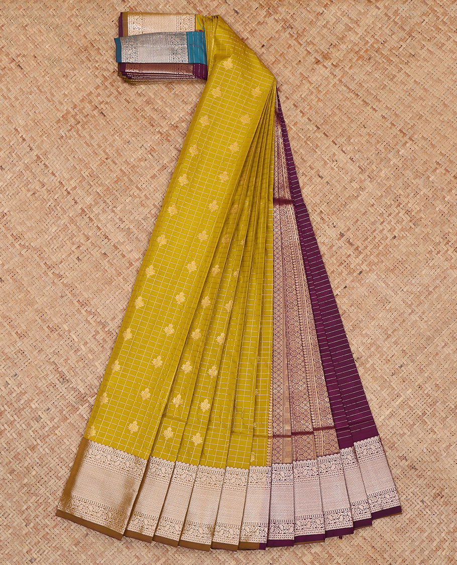 Green Budget Silk Saree, Decorated with Zari Buttas, Complemented by a Contrast Traditional Zari Border, Grand Pallu, and a Contrast Blouse