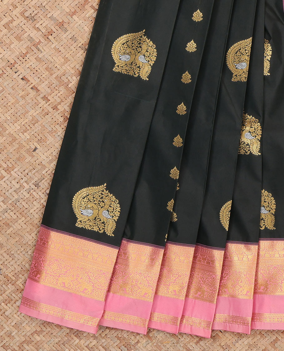 Black Budget Silk Saree, Bedecked with Zari Buttas, Complemented by Contrast Traditional Rettai Pettu Border, a Jaal Pallu and a Contrast Blouse