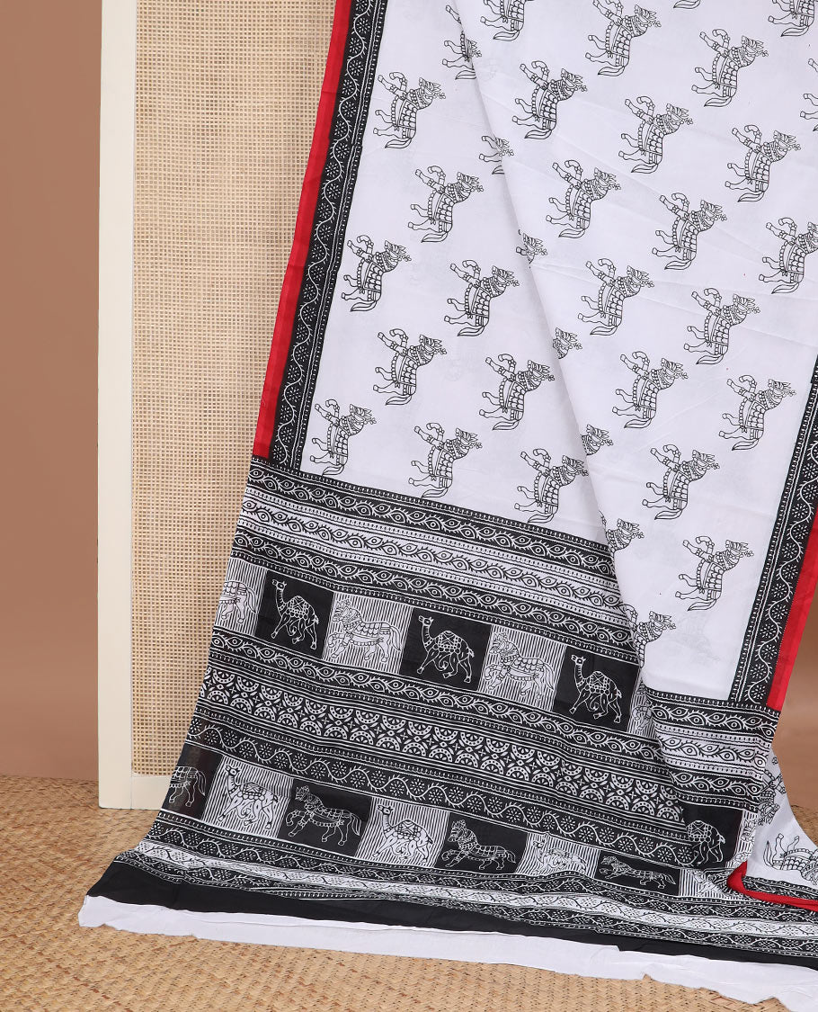 White horse motifs printed mul mul cotton saree, contrast floral creeper printed border & animal & geometric printed pallu