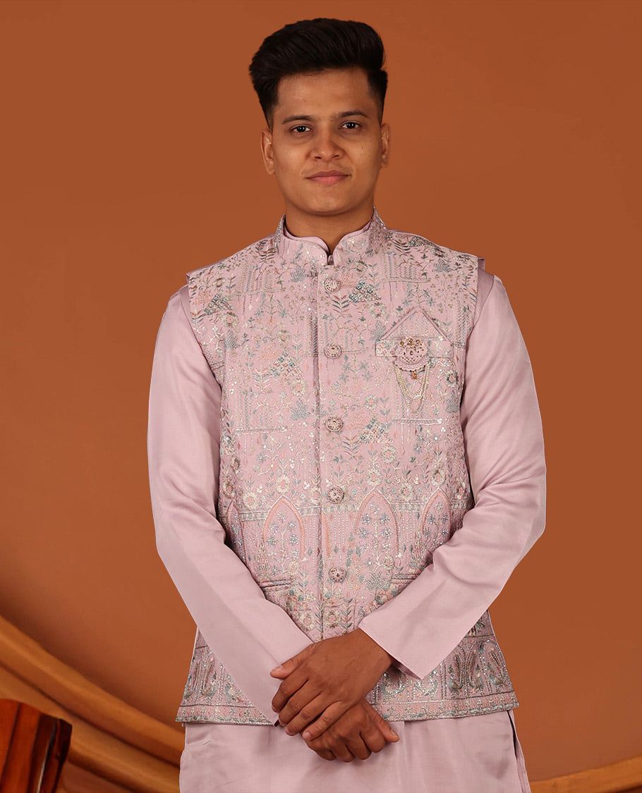 Pale Pink Plain Full-Sleeved Men's Kurta Comes with a Mughal-Style Mixed-Embroidered Half-Sleeve Jacket and Matching Pants