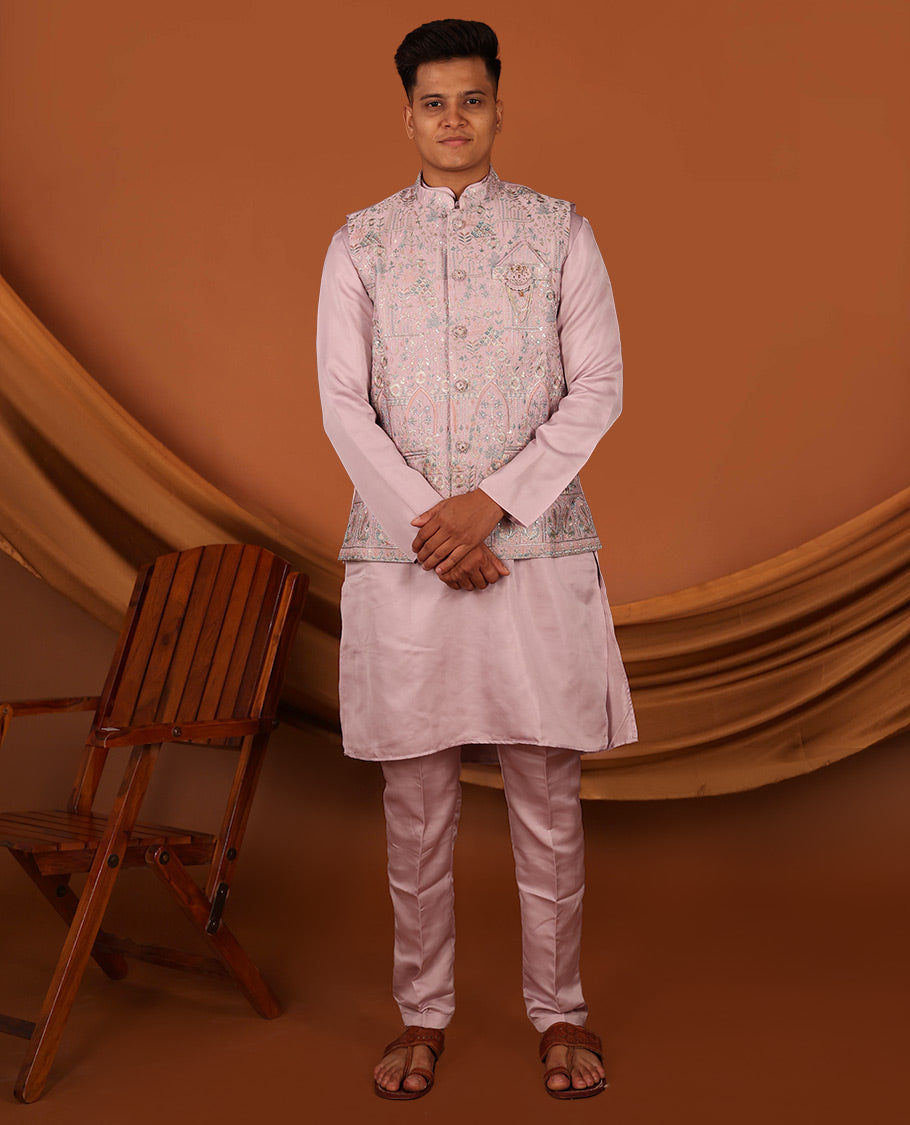 Pale Pink Plain Full-Sleeved Men's Kurta Comes with a Mughal-Style Mixed-Embroidered Half-Sleeve Jacket and Matching Pants