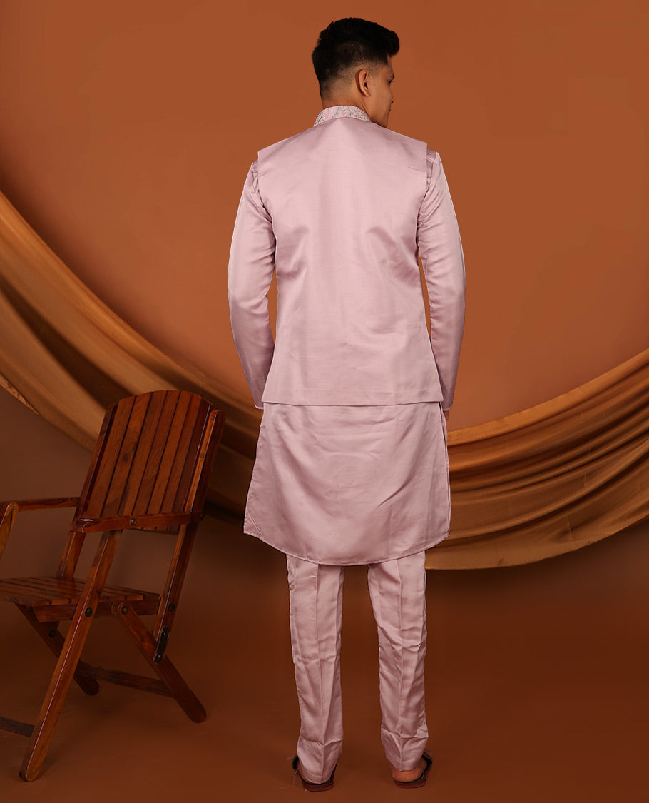 Pale Pink Plain Full-Sleeved Men's Kurta Comes with a Mughal-Style Mixed-Embroidered Half-Sleeve Jacket and Matching Pants