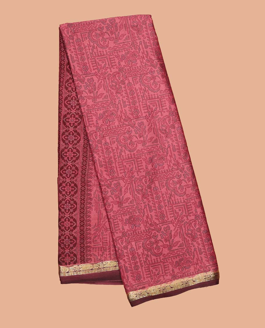 Pink intricately printed semi-banaras printed saree, contrast zari border & intricate pallu