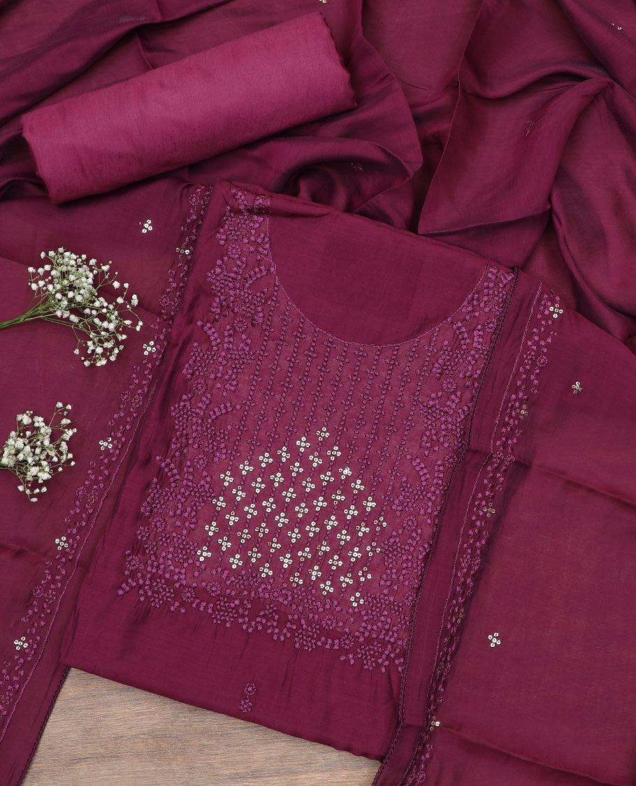 Purple material chudidar set, sequins and thread neck embroidered top, plain bottom, and sequins and thread embroidered dupatta