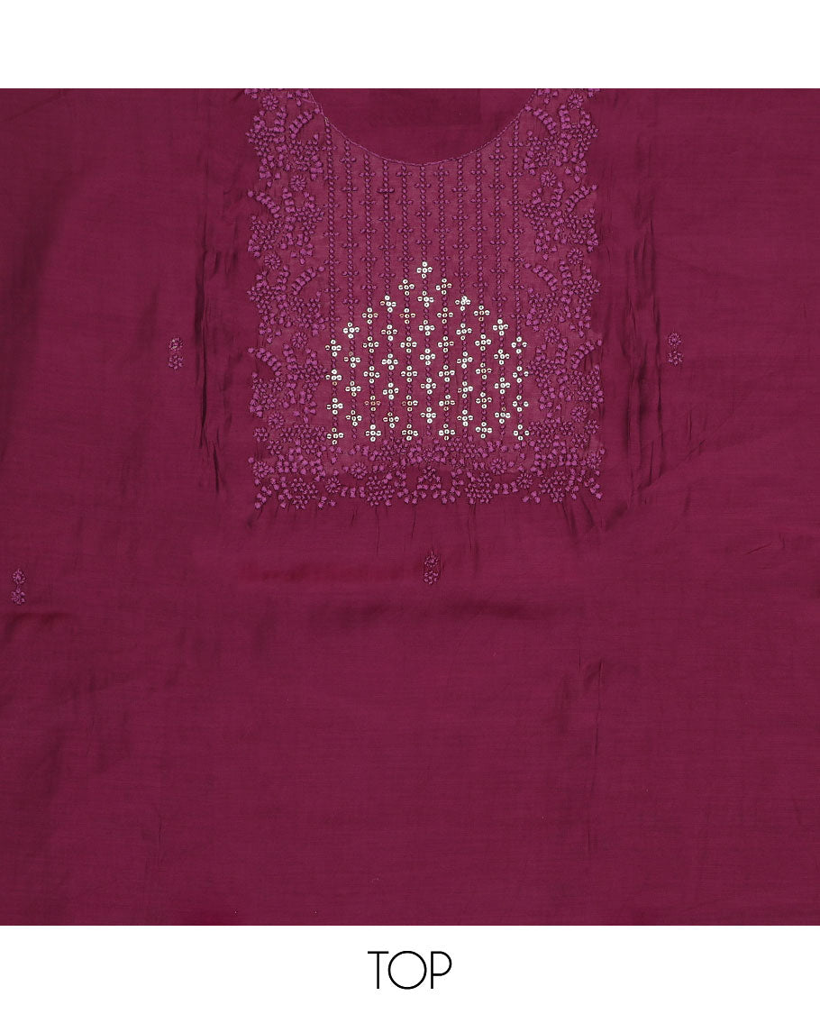 Purple material chudidar set, sequins and thread neck embroidered top, plain bottom, and sequins and thread embroidered dupatta