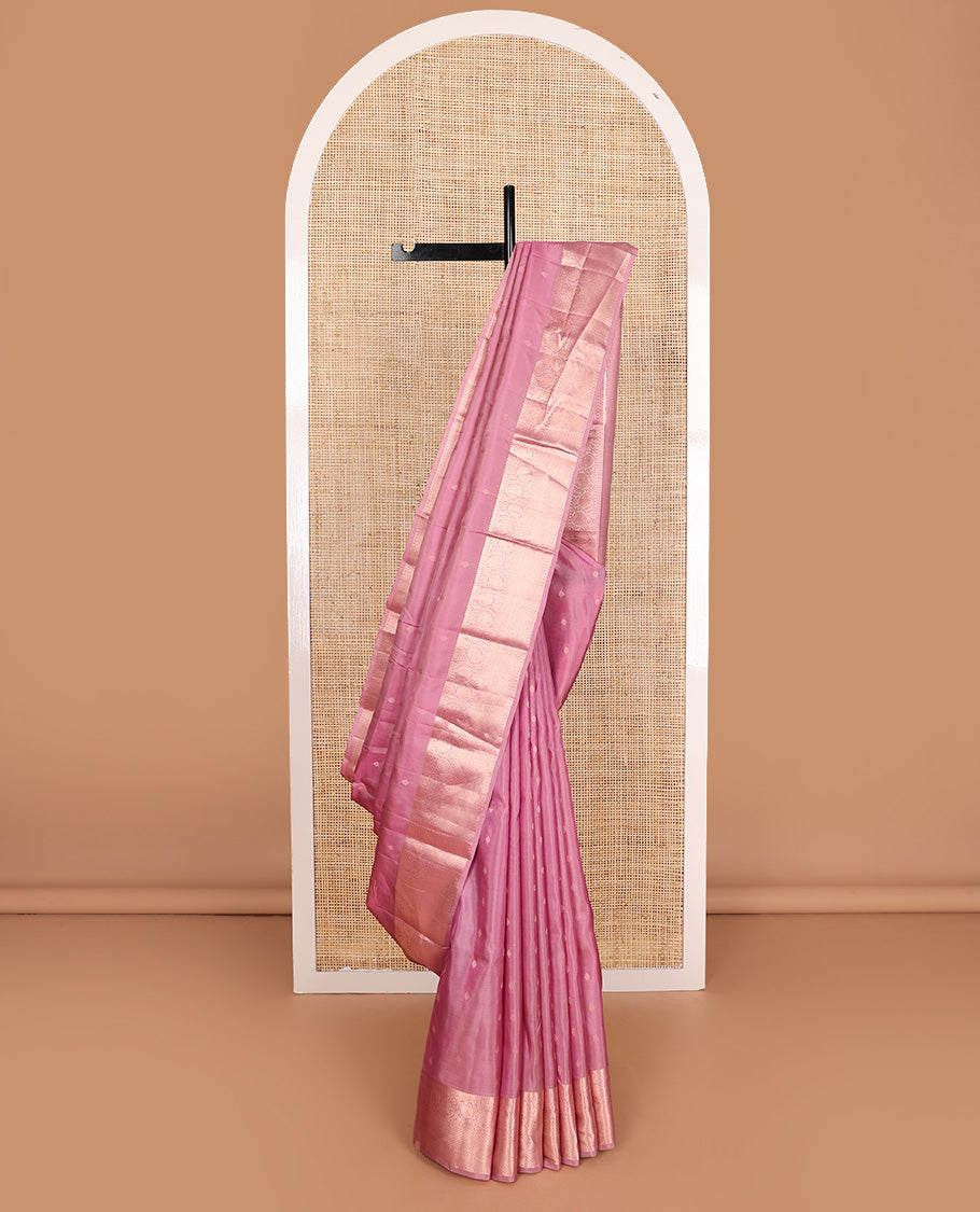 Pink zari buttas Vasundhara silk mix, zari border of thilakam mokku, kodi visiry, and jaal design, and jaal pallu