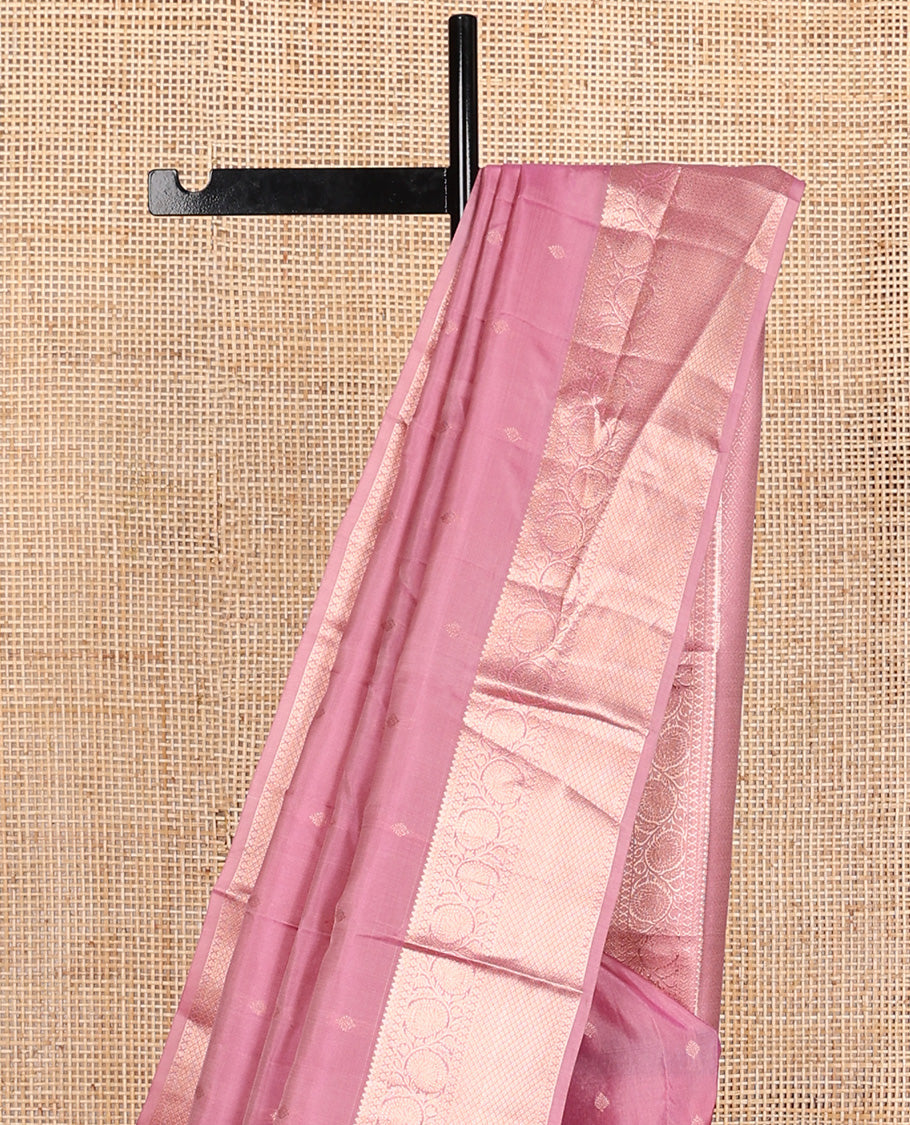 Pink zari buttas Vasundhara silk mix, zari border of thilakam mokku, kodi visiry, and jaal design, and jaal pallu