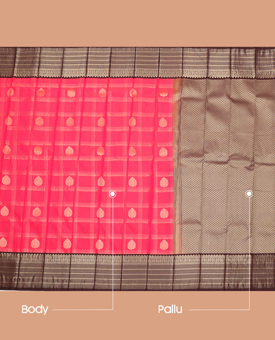 Pink Budget Silk Saree, Detailed with Zari Butta Enclosed Checks, Complemented by a Contrast Traditional Zari Border, Grand Pallu, and a Contrast Blouse