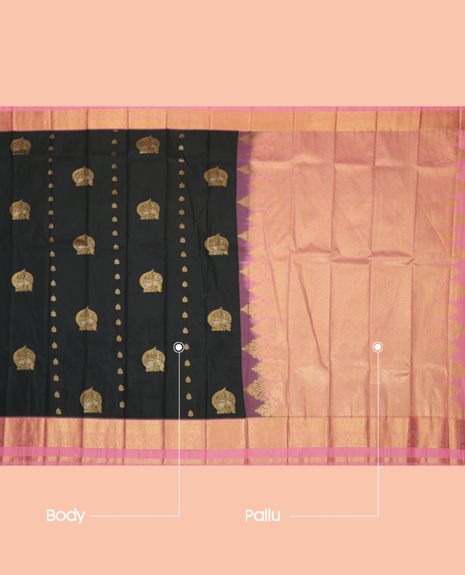 Black Budget Silk Saree, Bedecked with Zari Buttas, Complemented by Contrast Traditional Rettai Pettu Border, a Jaal Pallu and a Contrast Blouse