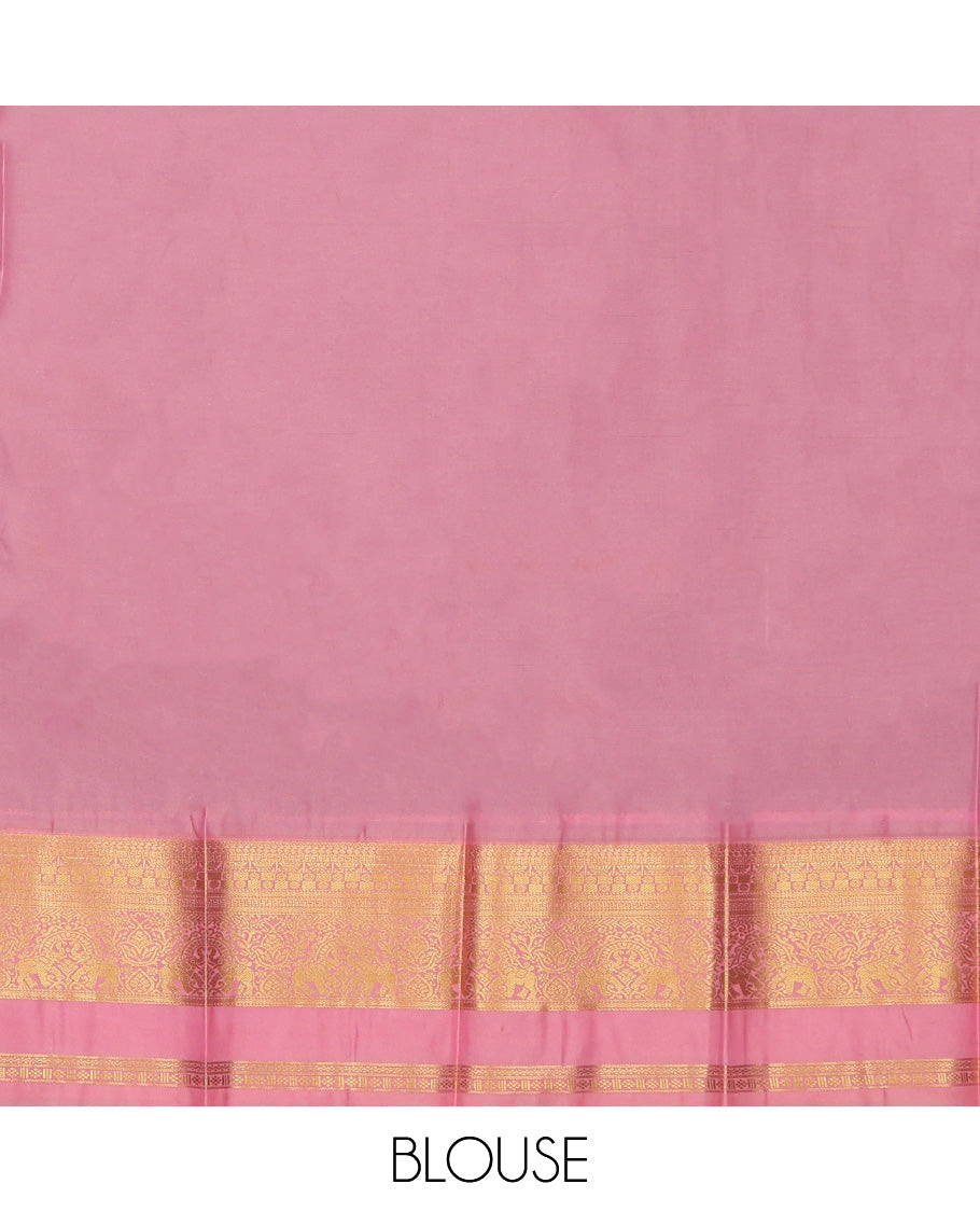 Black Budget Silk Saree, Bedecked with Zari Buttas, Complemented by Contrast Traditional Rettai Pettu Border, a Jaal Pallu and a Contrast Blouse