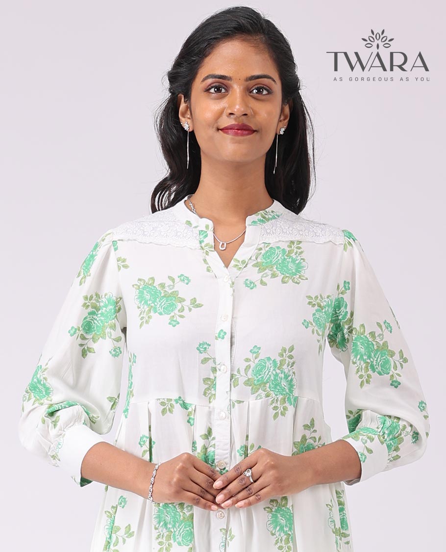 Twara white floral printed 3/4 th sleeve , knee lenght , button down kurti