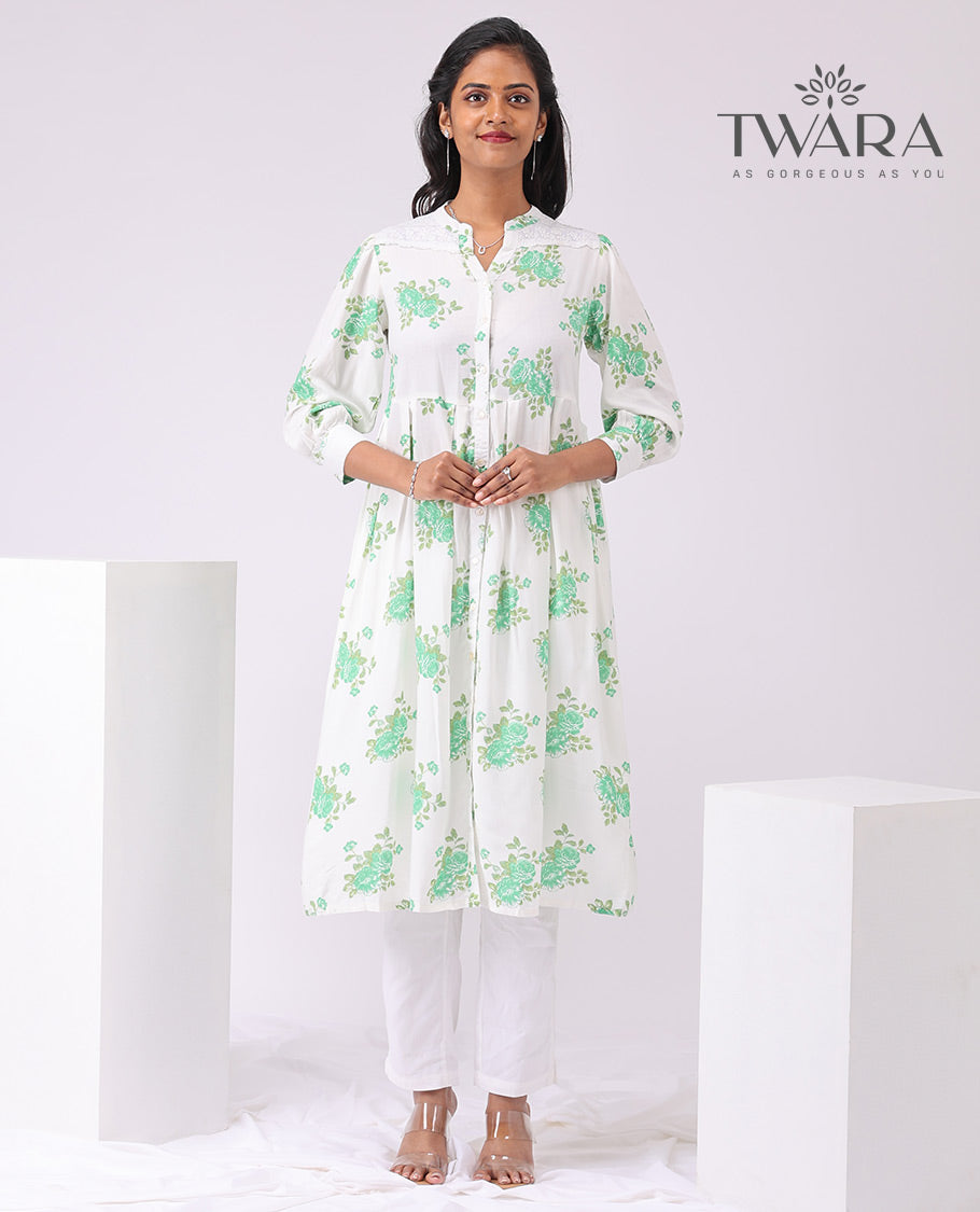 Twara white floral printed 3/4 th sleeve , knee lenght , button down kurti
