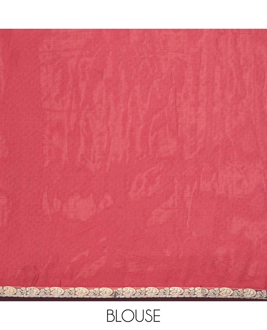 Pink intricately printed semi-banaras printed saree, contrast zari border & intricate pallu