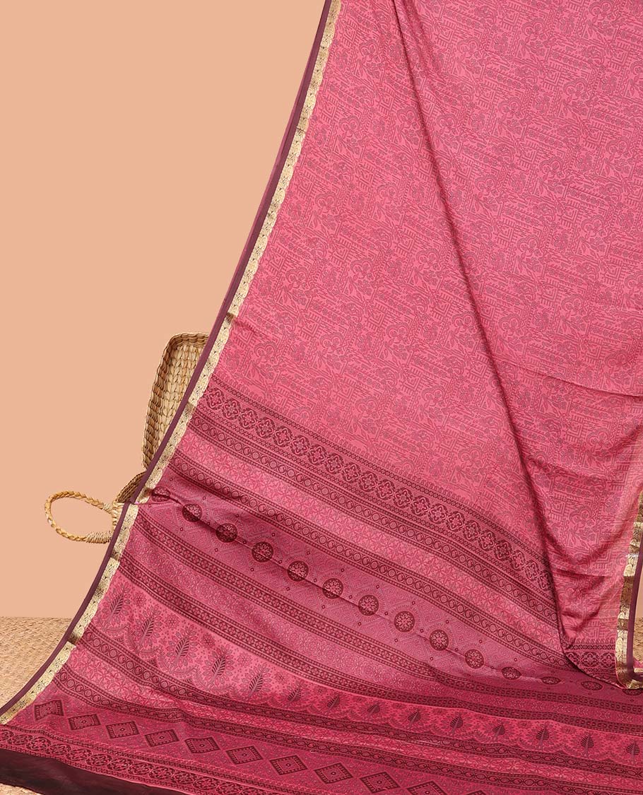 Pink intricately printed semi-banaras printed saree, contrast zari border & intricate pallu