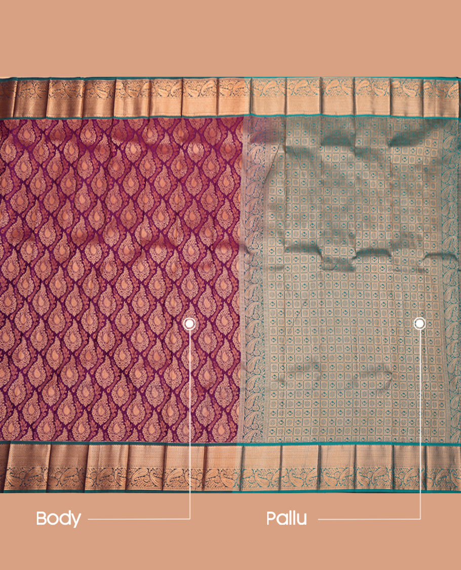 Purple Budget Silk Saree, Woven with Jacquard Design, Complemented by a Contrast Paisley Zari Border, Grand Pallu, and Contrast Blouse