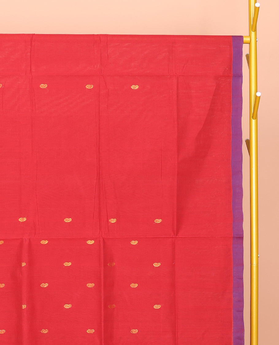Red Venkatagiri Cotton Saree Steeped with Buttas, a Contrast Zari-Thread Border, Pallu of Stripes, and No Blouse