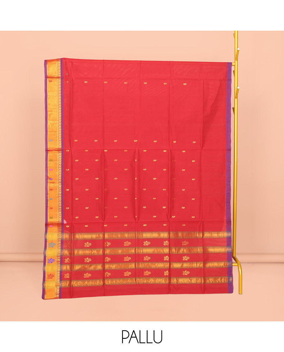 Red Venkatagiri Cotton Saree Steeped with Buttas, a Contrast Zari-Thread Border, Pallu of Stripes, and No Blouse