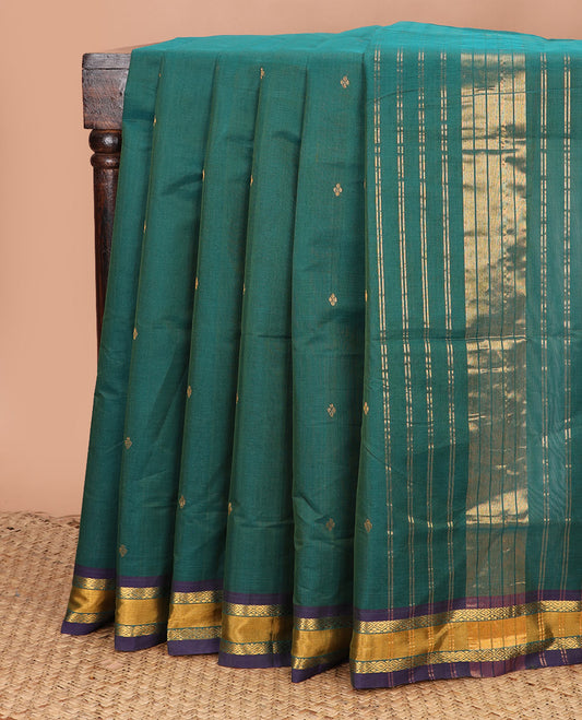 Green zari buttas Venkatagiri cotton saree, contrast traditional zari border, and striped pallu