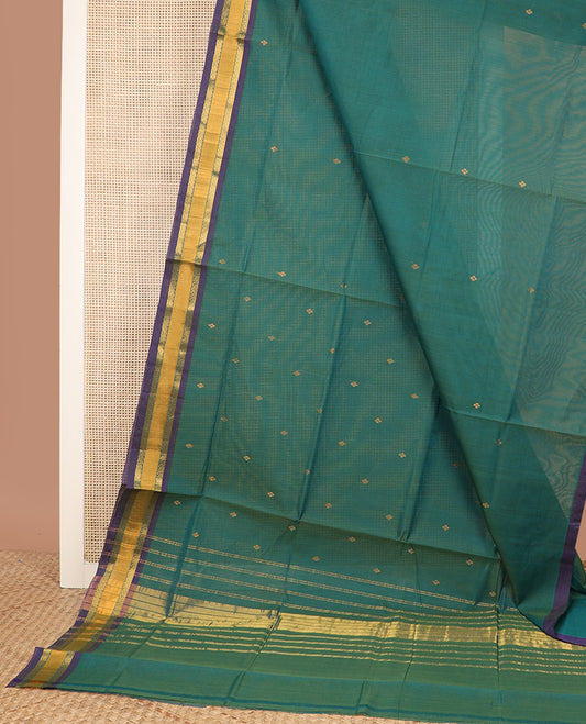 Green zari buttas Venkatagiri cotton saree, contrast traditional zari border, and striped pallu