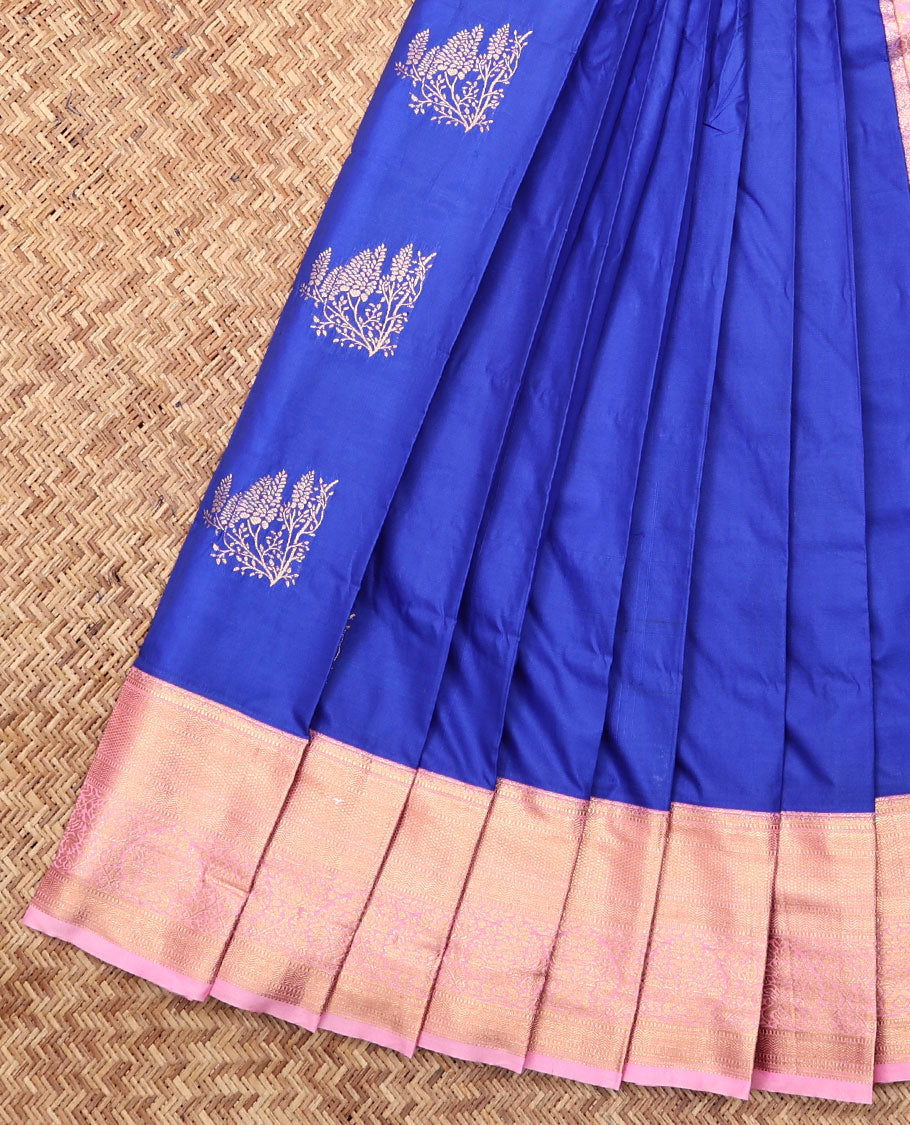Blue Budget Silk Saree, Dazzled with Zari Buttas, Complemented by Contrast Traditional Zari Border, a Grand Pallu and a Contrast Blouse