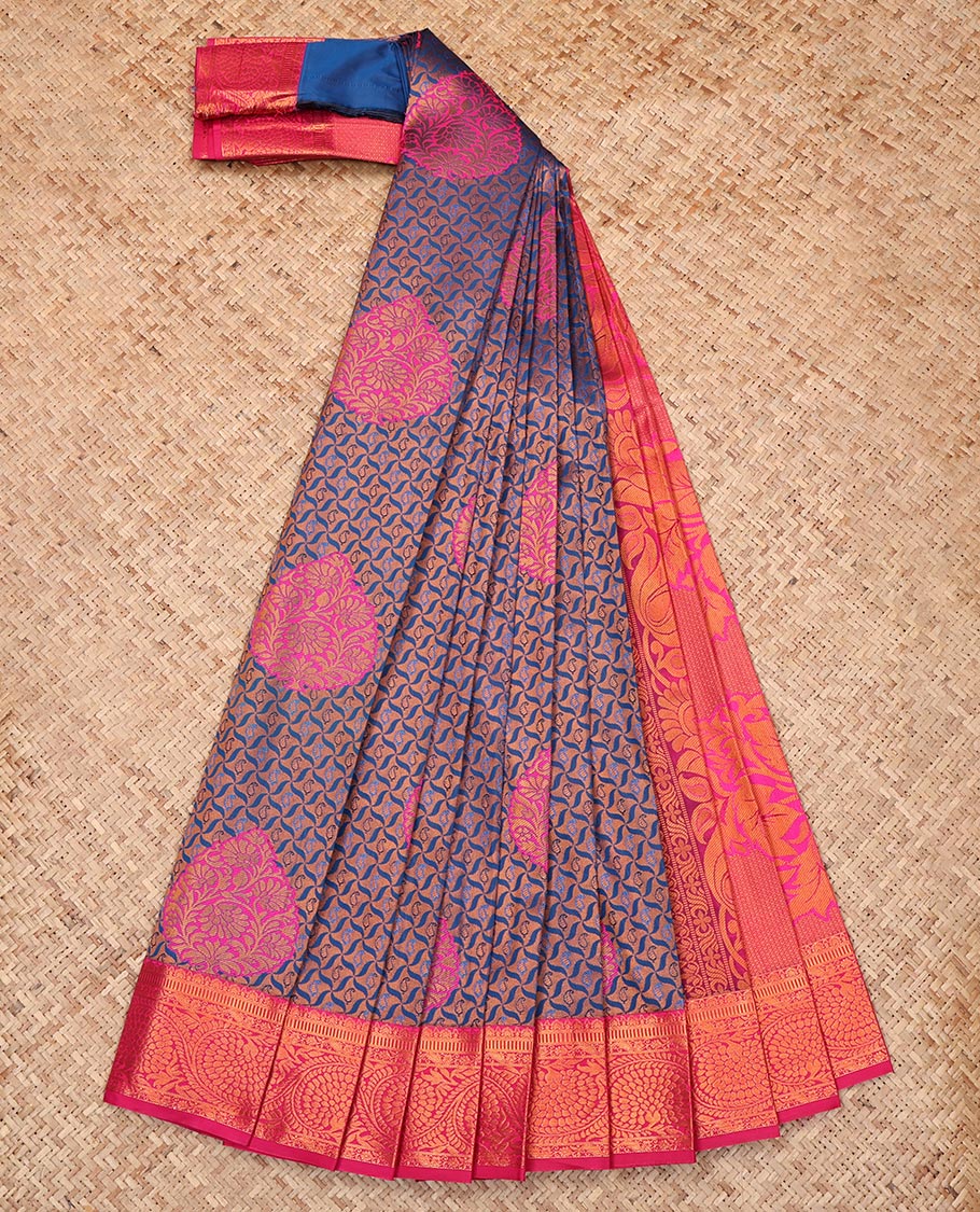 Blue Budget Silk Saree, Crafted with Jacquard Design, Complemented by a Contrast Floral Creeper Zari Border, Grand Pallu, and Contrast Blouse