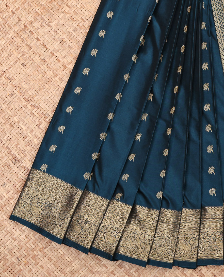 Peacock Blue Budget Silk Saree, Elevated with Zari Buttas, Highlighted by a Traditional Zari Border, Intricate Pallu, and a Matching Blouse