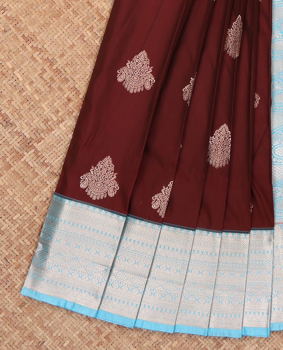 Maroon Budget Silk Saree, Bedecked with Zari Buttas, Complemented by a Contrast Traditional Zari Border, Grand Pallu, and a Contrast Blouse
