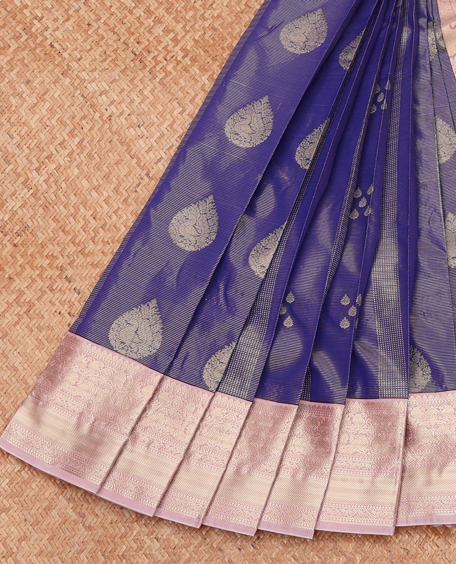 Blue Budget Silk Saree, Spotlighted with Zari Buttas and Stripes, Complemented by a Contrast Traditional Zari Border, Paisley Pallu, and a Contrast Blouse