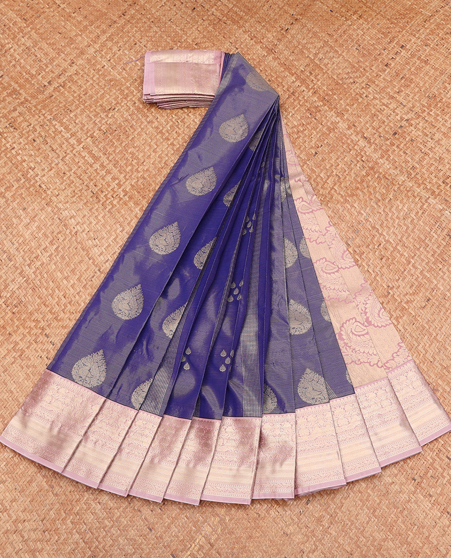 Blue Budget Silk Saree, Spotlighted with Zari Buttas and Stripes, Complemented by a Contrast Traditional Zari Border, Paisley Pallu, and a Contrast Blouse