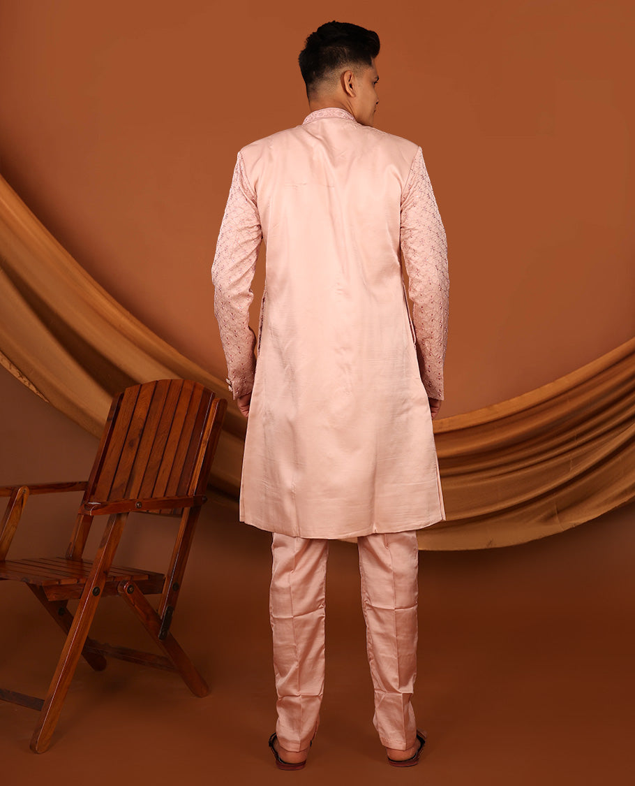 Pink Geometric-Themed Sequins Embroidered Full-Sleeved Men's Kurta Comes with Matching Pants