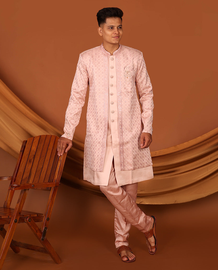 Pink Geometric-Themed Sequins Embroidered Full-Sleeved Men's Kurta Comes with Matching Pants