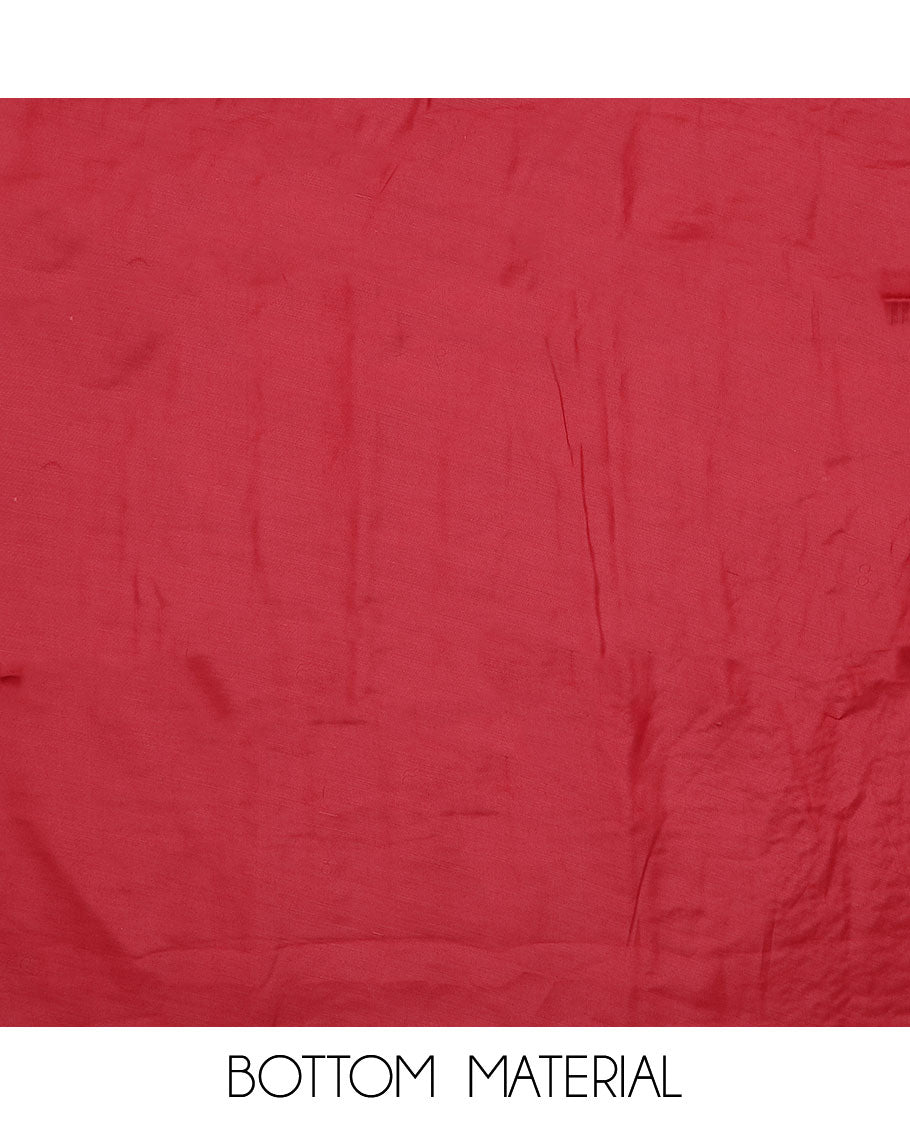 Red material chudidar set, sequins and thread neck embroidered top, plain bottom, and sequins and thread embroidered dupatta