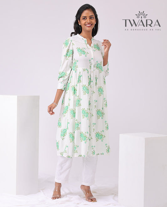 Twara white floral printed 3/4 th sleeve , knee lenght , button down kurti