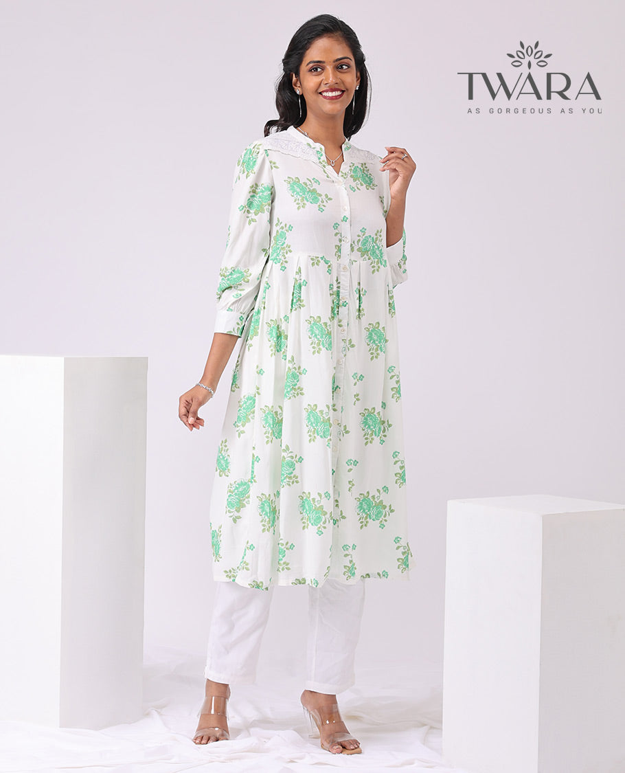 Twara white floral printed 3/4 th sleeve , knee lenght , button down kurti
