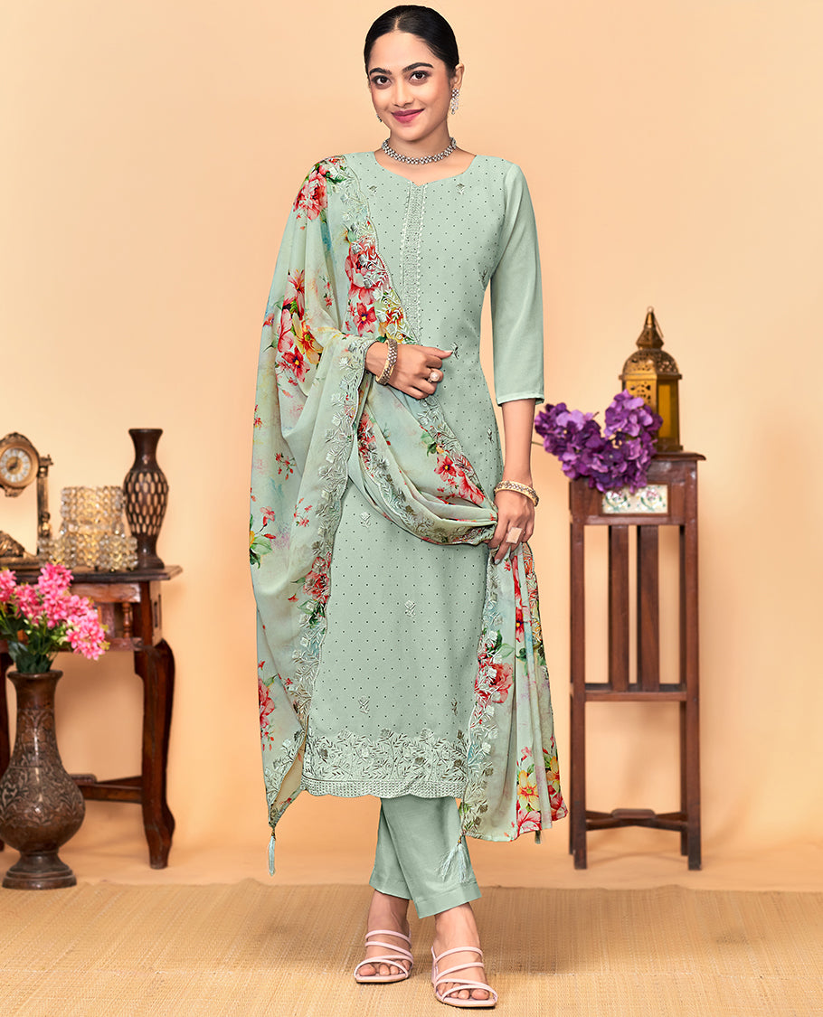 Green churidar material set, thread embroidered with stone work top, matching bottom, and scallop floral print with thread embroidered dupatta