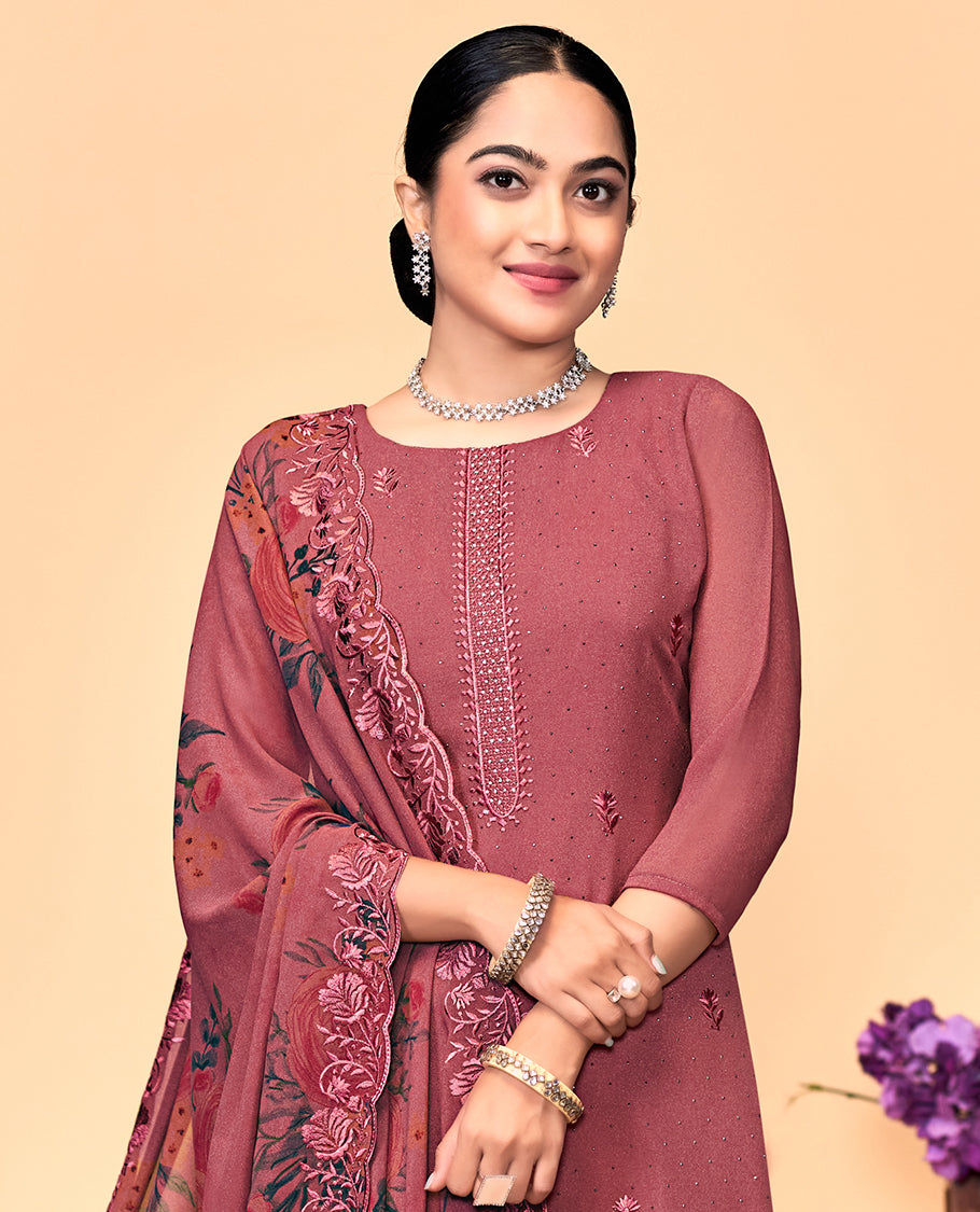 Terracotta red churidar material set, thread embroidered with stone work top, matching bottom, and floral print with thread embroidered scallop dupatta