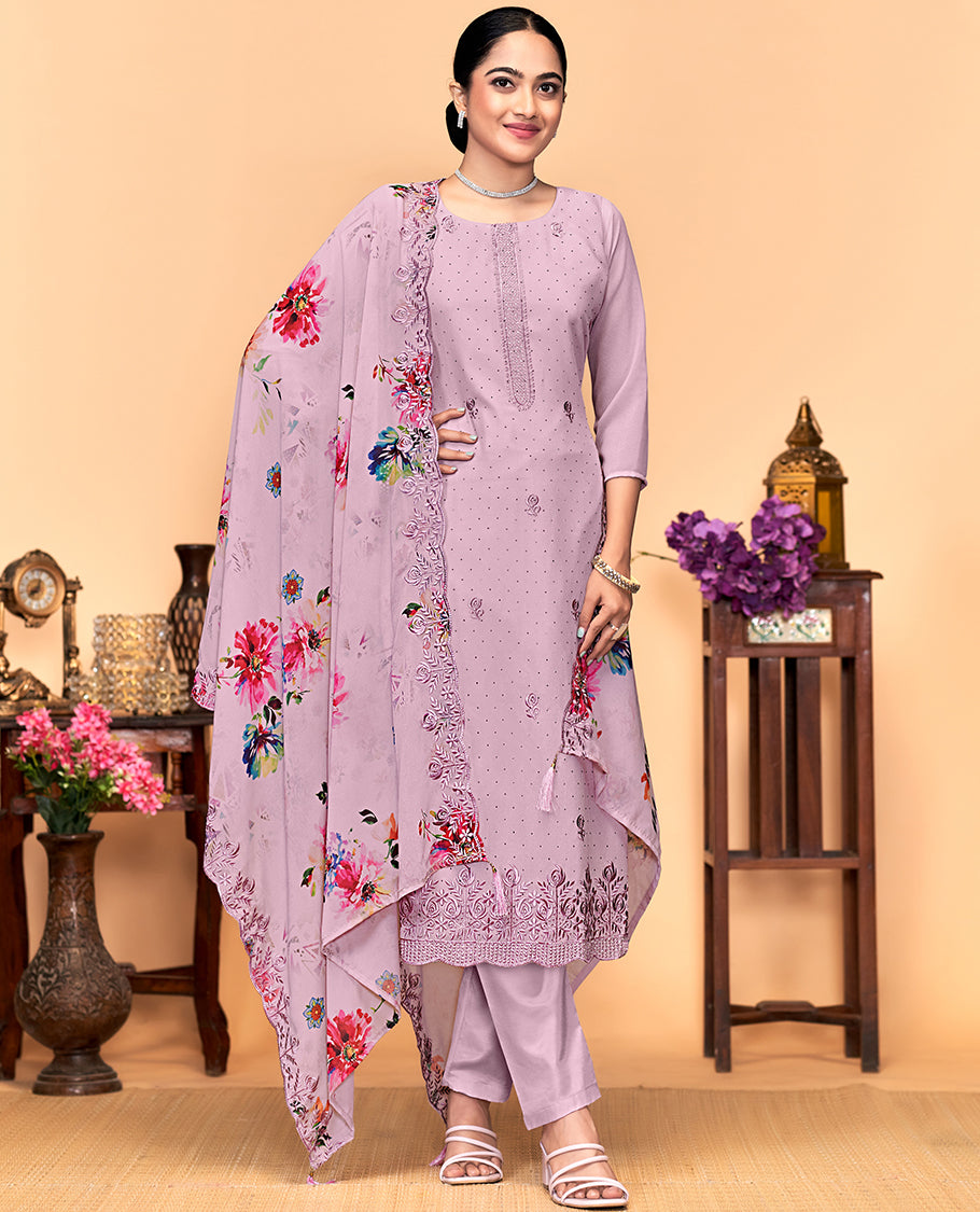 Lavender churidar material set, thread embroidered with stone work top, matching bottom, and floral print with thread embroidered scallop dupatta
