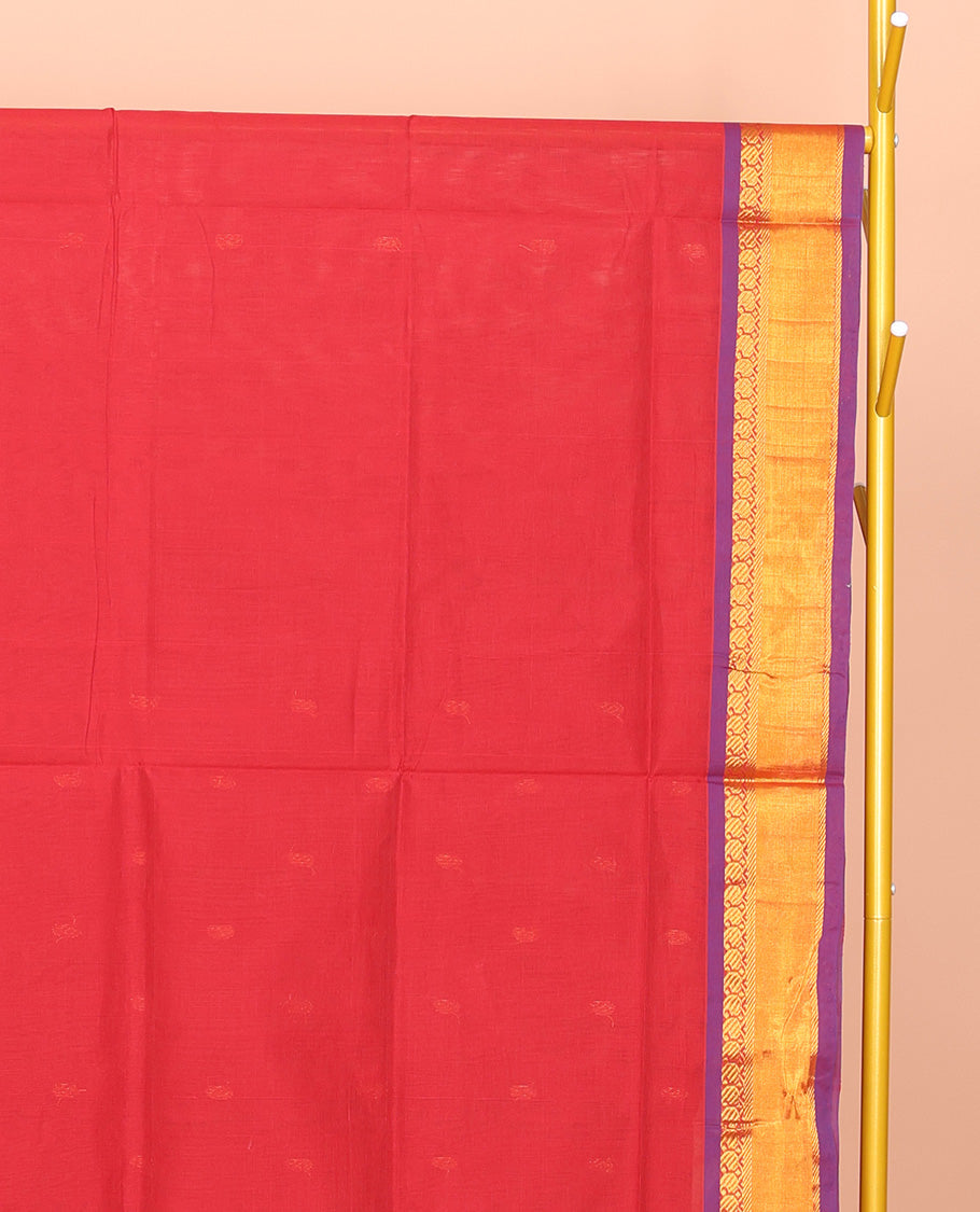 Red Venkatagiri Cotton Saree Steeped with Buttas, a Contrast Zari-Thread Border, Pallu of Stripes, and No Blouse