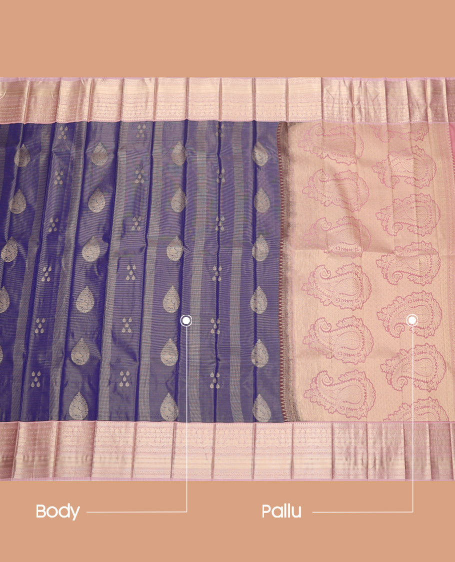 Blue Budget Silk Saree, Spotlighted with Zari Buttas and Stripes, Complemented by a Contrast Traditional Zari Border, Paisley Pallu, and a Contrast Blouse